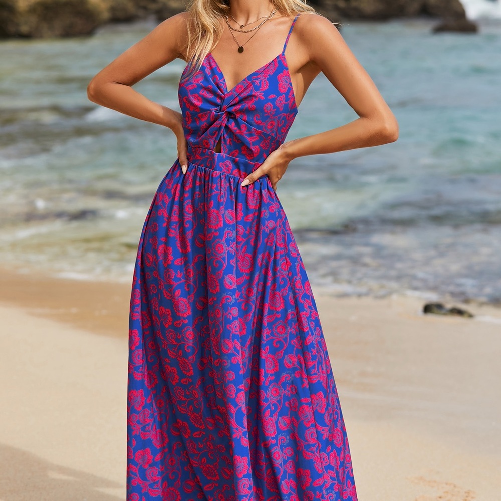 Cupshe Blue and Pink Floral Twist-Front Maxi Dress